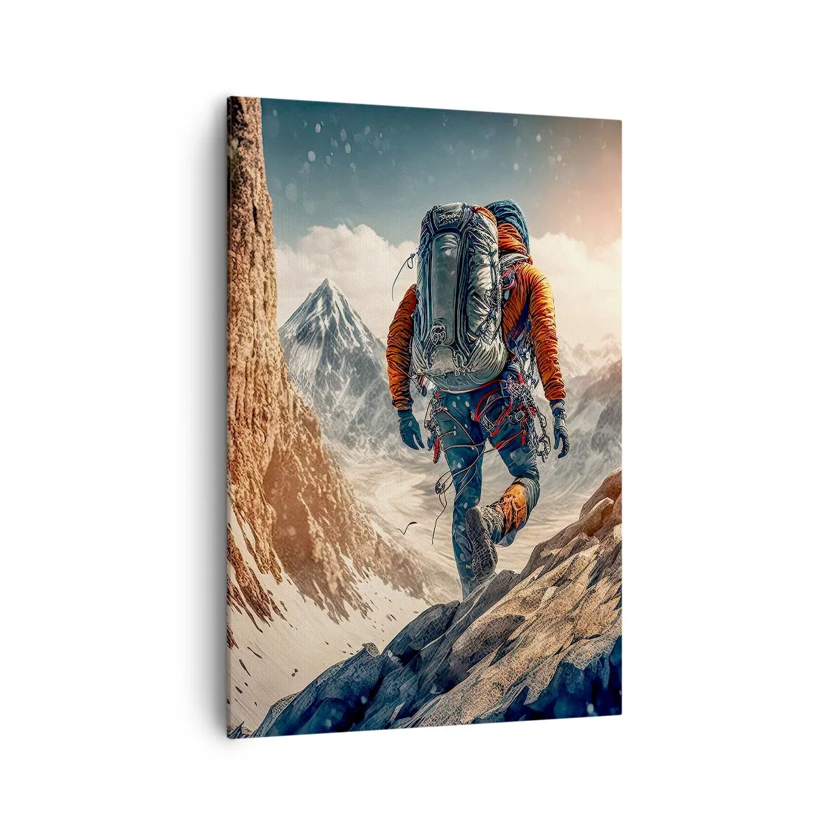 Bild auf Leinwand - Leinwandbild - Ein Bergsteiger auf einem Bergpfad in einer Winterlandschaft - 70x100cm - Einsamer Krieger - Moderne Wanddekoration für Wohnzimmer und Schlafzimmer ARTTOR