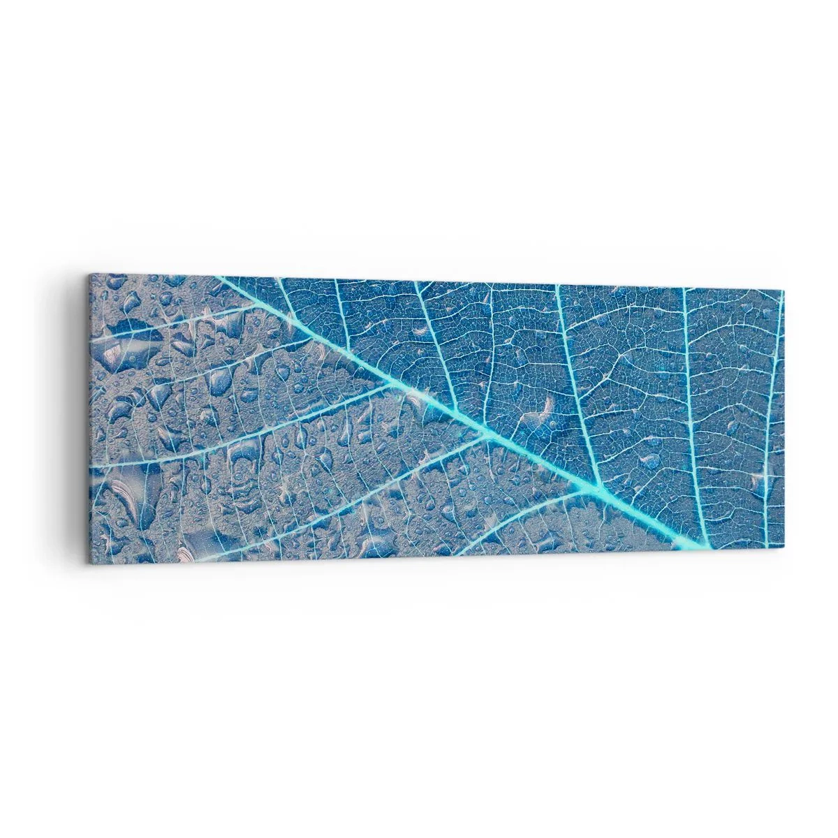 Bild auf Leinwand - Leinwandbild - Ein Blatt in Blautönen mit Wassertropfen - 140x50cm - Leben in Blau - Moderne Wanddekoration für Wohnzimmer und Schlafzimmer ARTTOR