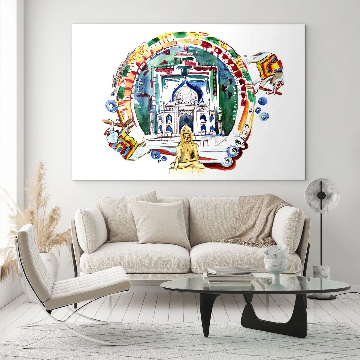 Glasbild - Bild auf glas - Bunte Illustration indischer Wahrzeichen im Aquarellstil - 100x70cm - Hinduistisches Weltgleichgewicht - Moderne Wanddekoration für Wohnzimmer und Schlafzimmer ARTTOR