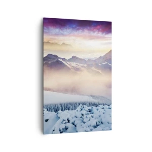 Bild auf Leinwand - Leinwandbild - Schneebedeckte Berge im Morgengrauen mit einem farbenfrohen Himmel - 80x120cm - Die Kraft und Reinheit der Natur - Moderne Wanddekoration für Wohnzimmer und Schlafzimmer ARTTOR
