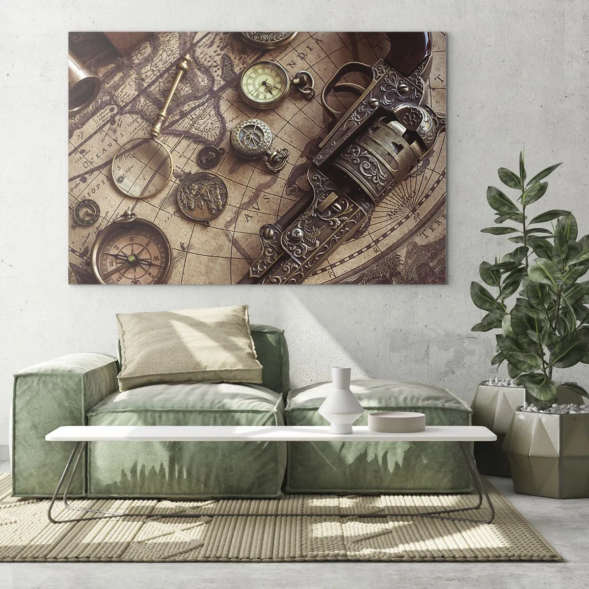 Glasbild - Bild auf glas - Antike Objekte und eine Karte - 100x70cm - Das Abenteuer ruft - Moderne Wanddekoration für Wohnzimmer und Schlafzimmer ARTTOR