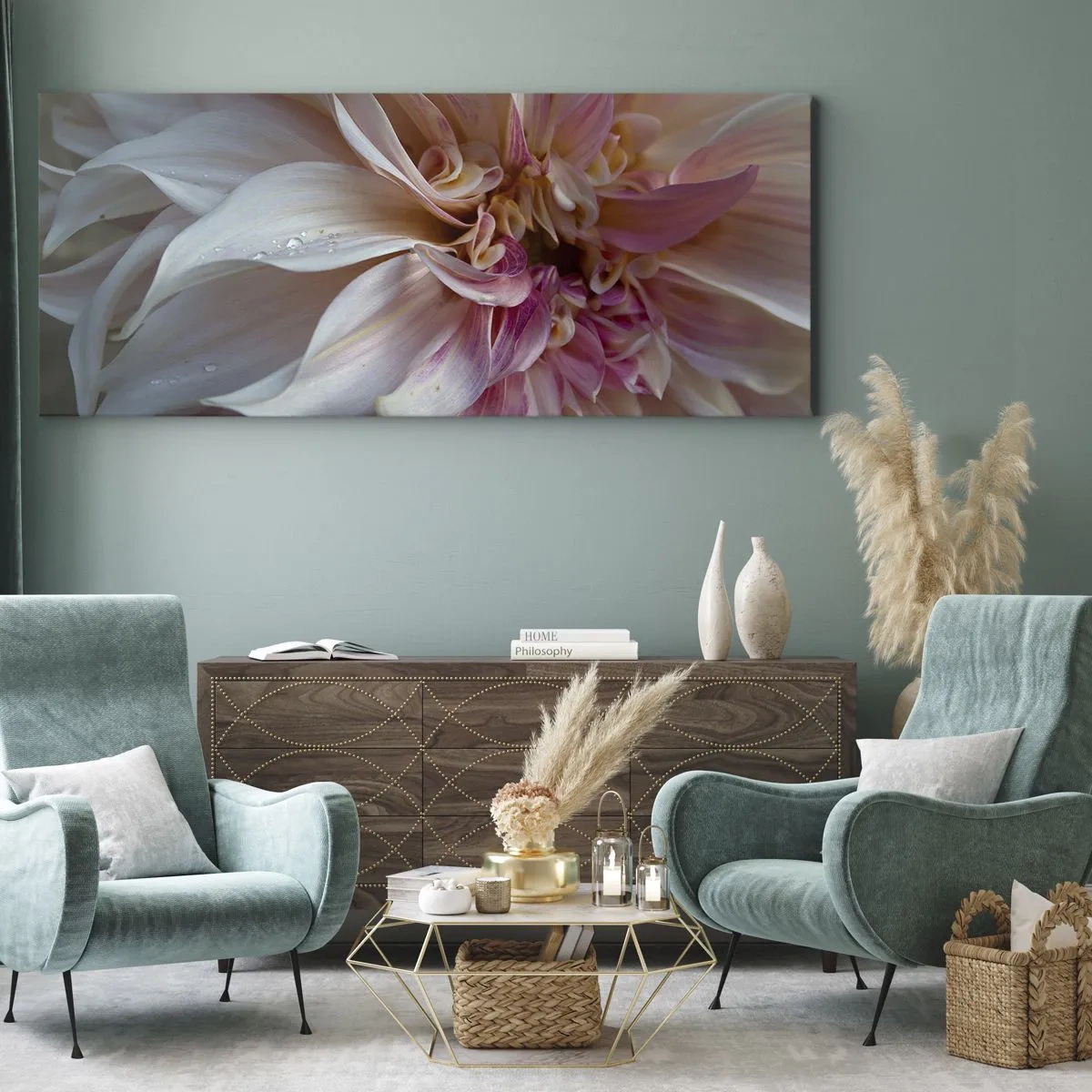 Bild auf Leinwand - Leinwandbild - Nahaufnahme von zarten rosa Blütenblättern mit Wassertropfen - 160x50cm - Blühende Frische - Moderne Wanddekoration für Wohnzimmer und Schlafzimmer ARTTOR