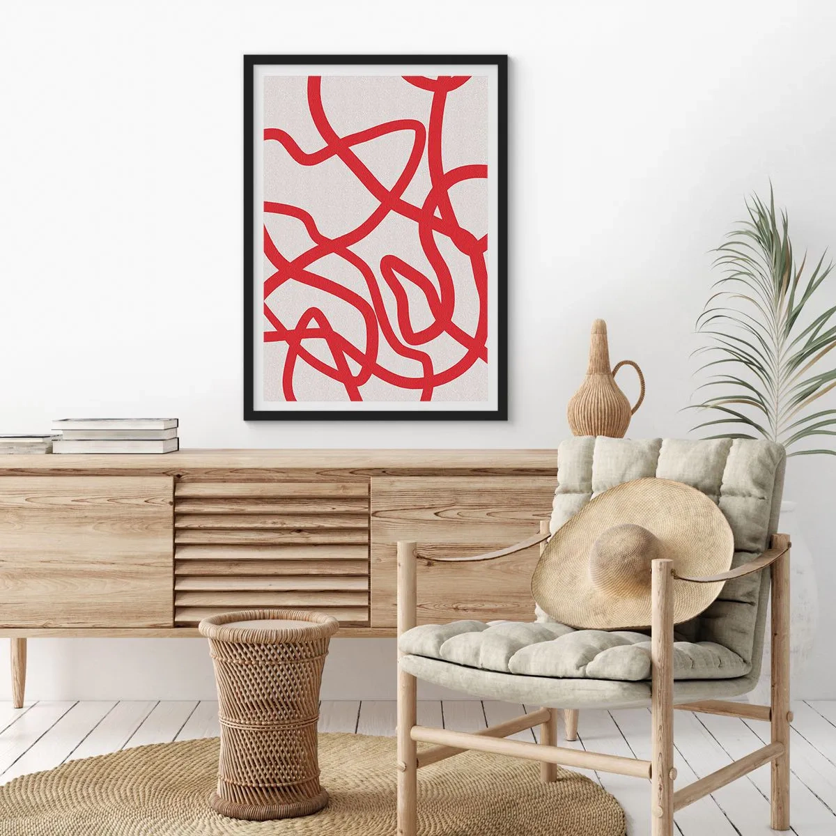 Poster in einem schwarzem Rahmen - Abstrakte Komposition aus dynamischen roten Linien auf hellem Hintergrund. - 50x70cm - Rot auf Weiß - Moderne Wanddekoration für Wohnzimmer und Schlafzimmer ARTTOR