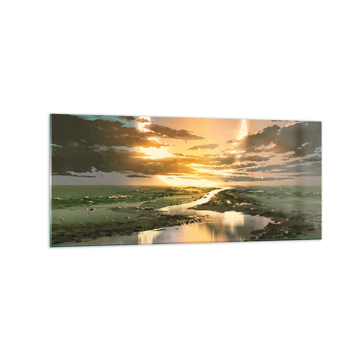 Glasbild - Bild auf glas - Eine fantastische Landschaft mit zwei Monden am Horizont - 120x50cm - Irgendwo in einer weit, weit entfernten Galaxie - Moderne Wanddekoration für Wohnzimmer und Schlafzimmer ARTTOR