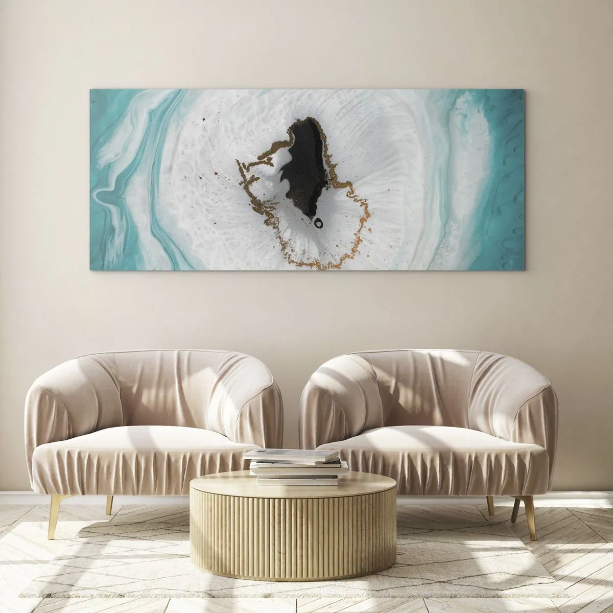 Glasbild - Bild auf glas - Abstraktes Geodenmotiv in Türkis-, Weiß- und Goldtönen - 120x50cm - Nach Innen eindringen - Moderne Wanddekoration für Wohnzimmer und Schlafzimmer ARTTOR