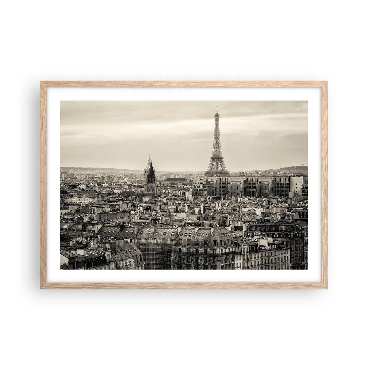 Poster in einem Rahmen aus heller Eiche - Über den Dächern von Paris - 70x50 cm