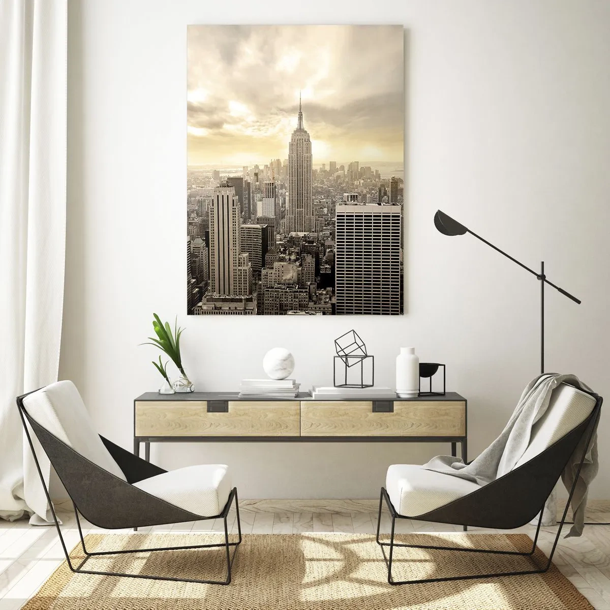 Glasbild - Bild auf glas - Stadtpanorama mit Wolkenkratzern und dem Empire State Building - 50x70cm - New York aus Grau - Moderne Wanddekoration für Wohnzimmer und Schlafzimmer ARTTOR