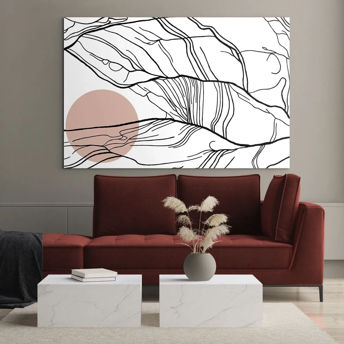 Glasbild - Bild auf glas - Schattige Zweiglinien mit beiger Sonne - 70x50cm - In einem Netz aus Zweigen - Moderne Wanddekoration für Wohnzimmer und Schlafzimmer ARTTOR