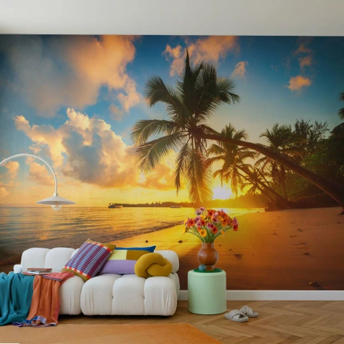 Fototapete Premium Canvas - Karibischer Traum - Landschaft, Kokusnuss-Palme, Meer - 250x175 cm