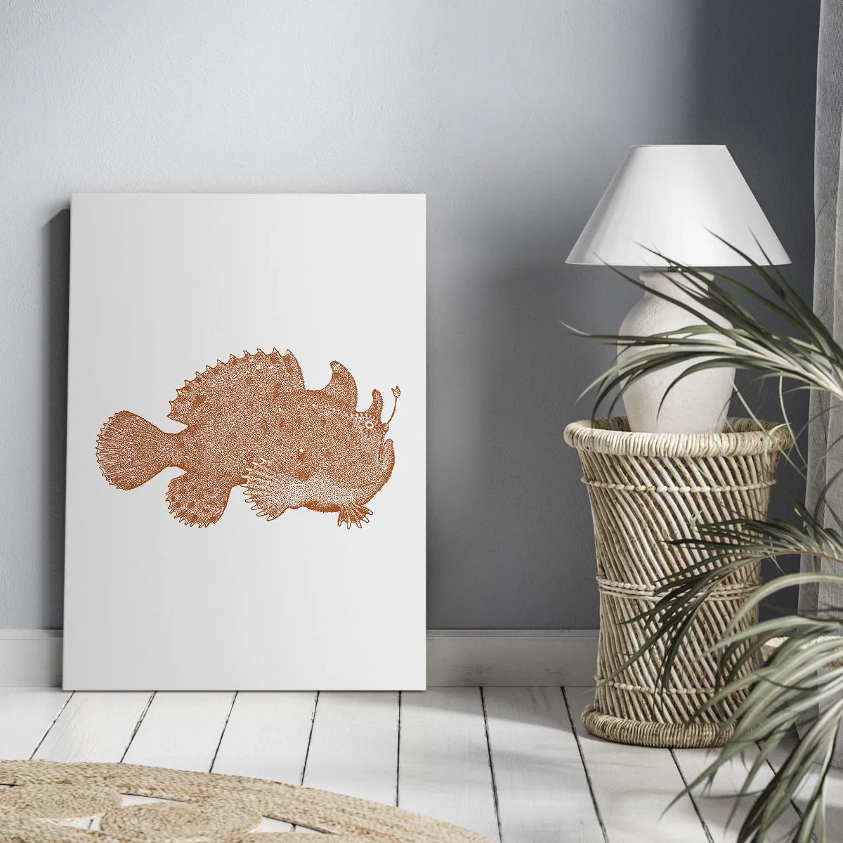 Bild auf Leinwand - Leinwandbild - Detaillierte Zeichnung eines kupferfarbenen Fisches auf weißem Hintergrund - 50x70cm - Es ist also doch ein Fisch - Moderne Wanddekoration für Wohnzimmer und Schlafzimmer ARTTOR