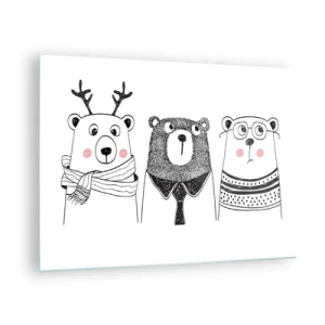Glasbild - Bild auf glas - Drei lustige Bären in einer Schwarz-Weiß-Illustration - 70x50cm - Teddybär, Teddybär und Bär - Moderne Wanddekoration für Wohnzimmer und Schlafzimmer ARTTOR