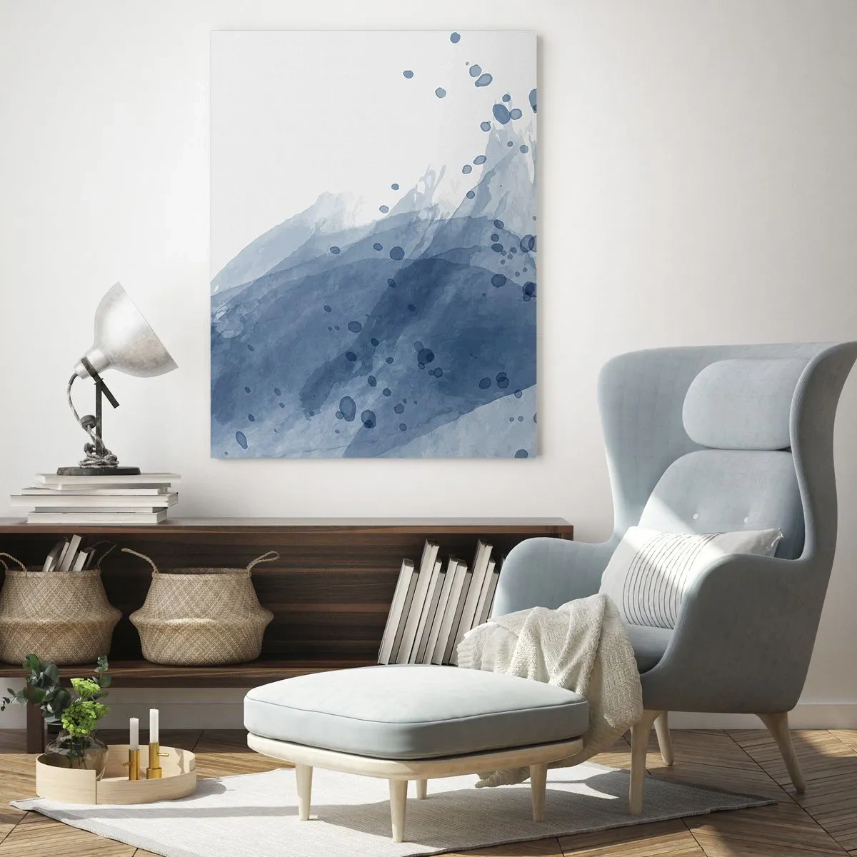 Glasbild - Bild auf glas - Aquarellfleck in Blautönen - 50x70cm - Blauer Tüll - Moderne Wanddekoration für Wohnzimmer und Schlafzimmer ARTTOR