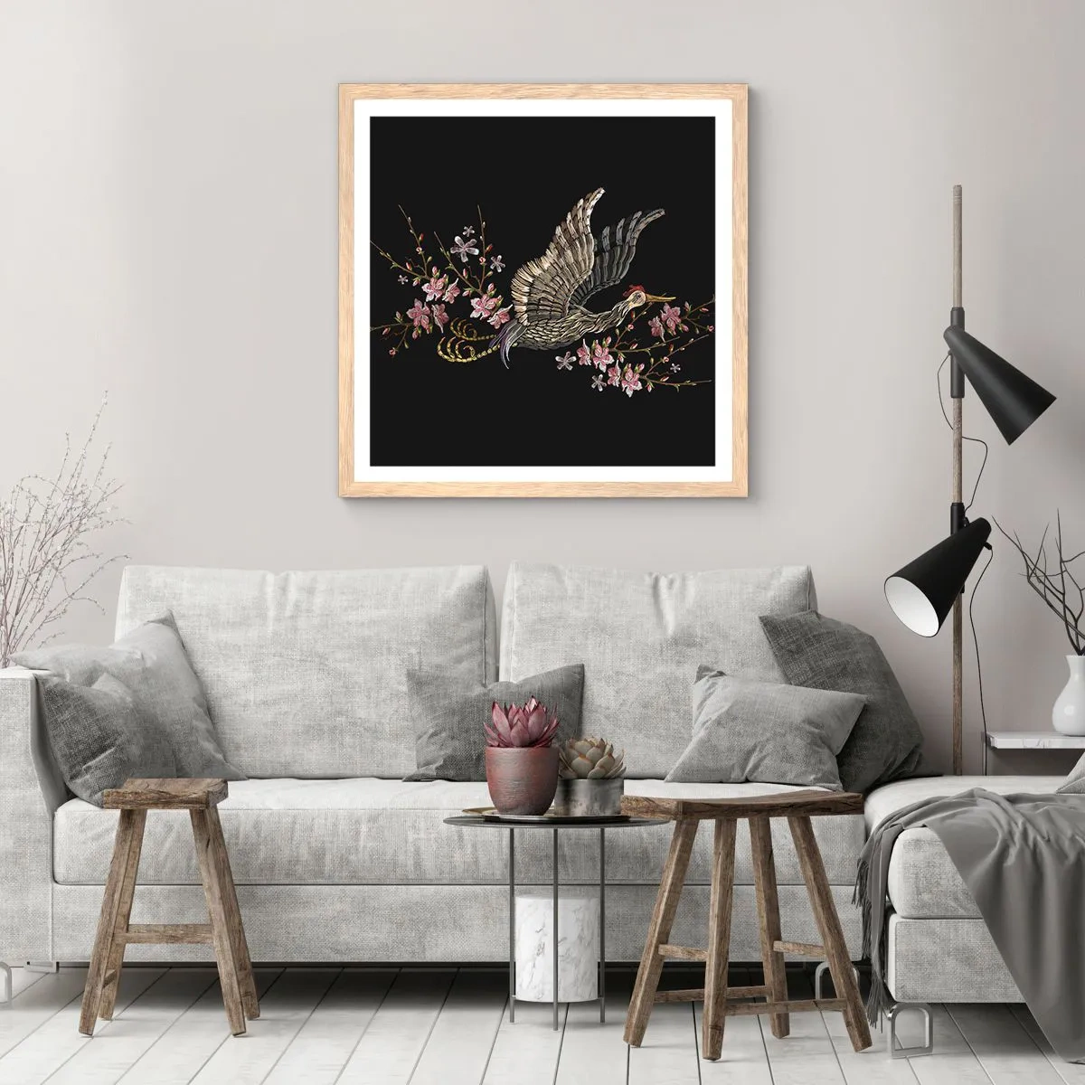 Poster in einem Rahmen aus heller Eiche - Exotischer gestickter Vogel - 60x60 cm