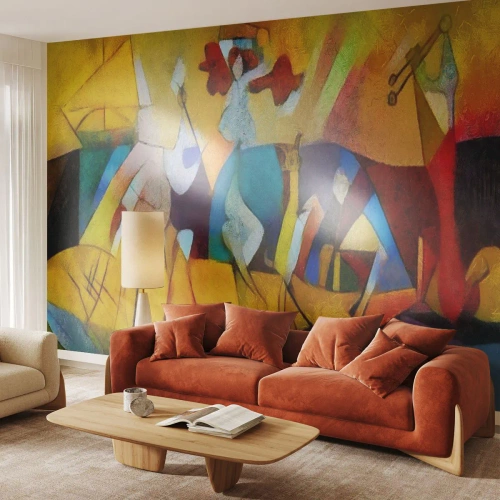 Fototapete Premium Sand - Farbenfrohe Abstraktion mit dynamischen Figuren und Formen - 100x70cm - Sonne - Leben - Freude - Moderne Wanddekoration für Wohnzimmer und Schlafzimmer ARTTOR