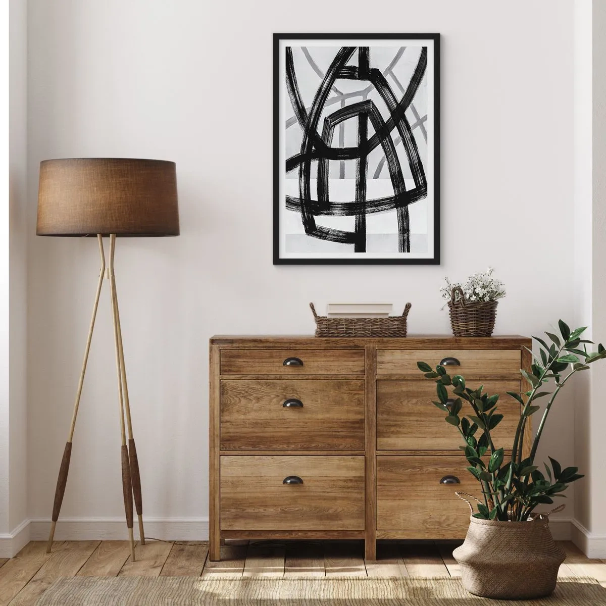 Poster in einem schwarzem Rahmen - Geometrische schwarze Linien auf hellem Hintergrund in einer abstrakten Komposition - 50x70cm - Bautiefe - Moderne Wanddekoration für Wohnzimmer und Schlafzimmer ARTTOR