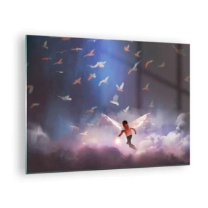Glasbild - Bild auf glas - Eine Figur mit Engelsflügeln, die zwischen den Wolken schwebt - 70x50cm - Du brauchst Fantasie und Mut - Moderne Wanddekoration für Wohnzimmer und Schlafzimmer ARTTOR
