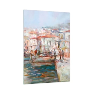 Glasbild - Bild auf glas - Ein malerischer Hafen mit Booten in Pastellfarben - 50x70cm - Pastell-Sommerferien - Moderne Wanddekoration für Wohnzimmer und Schlafzimmer ARTTOR