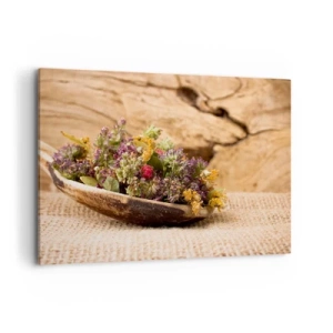 Bild auf Leinwand - Leinwandbild - Getrocknete Kräuter in einem Holzlöffel auf natürlichem Holzhintergrund - 100x70cm - Bunte Blumen und duftende Kräuter - Moderne Wanddekoration für Wohnzimmer und Schlafzimmer ARTTOR