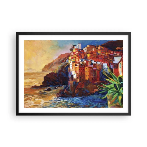 Poster in einem schwarzem Rahmen - Bunte Häuser auf einer Klippe über dem Meer - 70x50cm - Italienische Atmosphäre - Moderne Wanddekoration für Wohnzimmer und Schlafzimmer ARTTOR