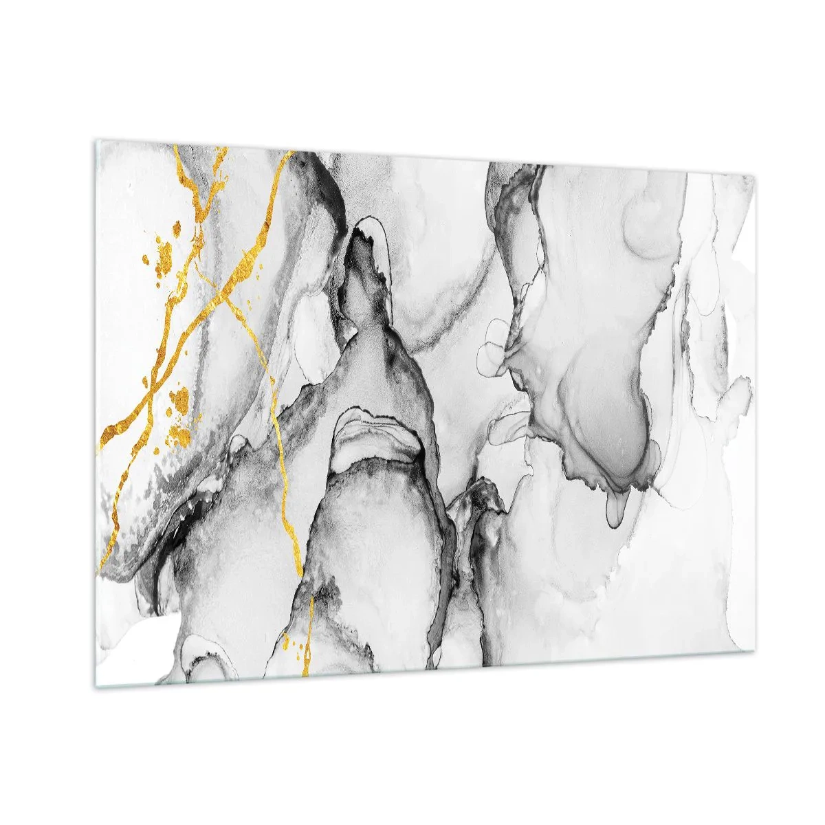 Glasbild - Bild auf glas - Abstrakte Schwarz-Weiß-Komposition mit goldenem Akzent - 100x70cm - Komposition mit Goldmotiv - Moderne Wanddekoration für Wohnzimmer und Schlafzimmer ARTTOR