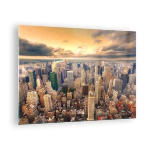 Glasbild - Bild auf glas - Stadtpanorama mit Wolkenkratzern bei Sonnenuntergang - 70x50cm - Vergoldete Metropole - Moderne Wanddekoration für Wohnzimmer und Schlafzimmer ARTTOR