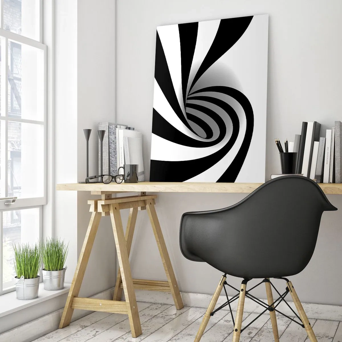 Glasbild - Bild auf glas - Abstrakte Spirale in Schwarz und Weiß mit dynamischer Form - 50x70cm - Und doch dreht es sich - Moderne Wanddekoration für Wohnzimmer und Schlafzimmer ARTTOR