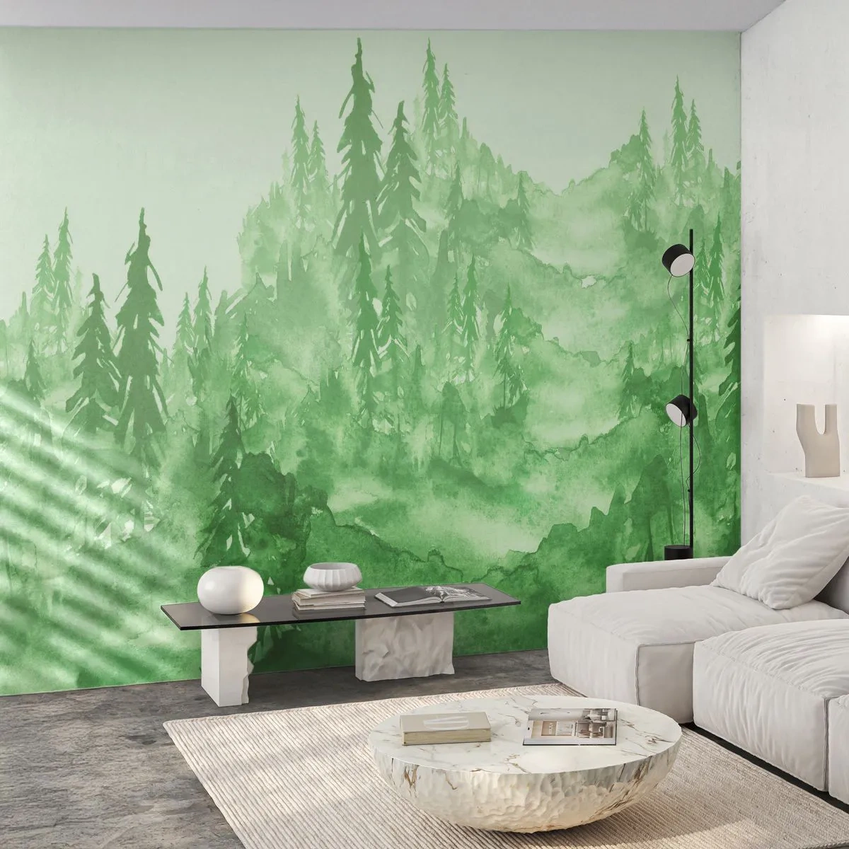 Fototapete Premium Sand - Verschwommen mit grünem Nebel - Wald, Grafik, Landschaft - 100x70 cm