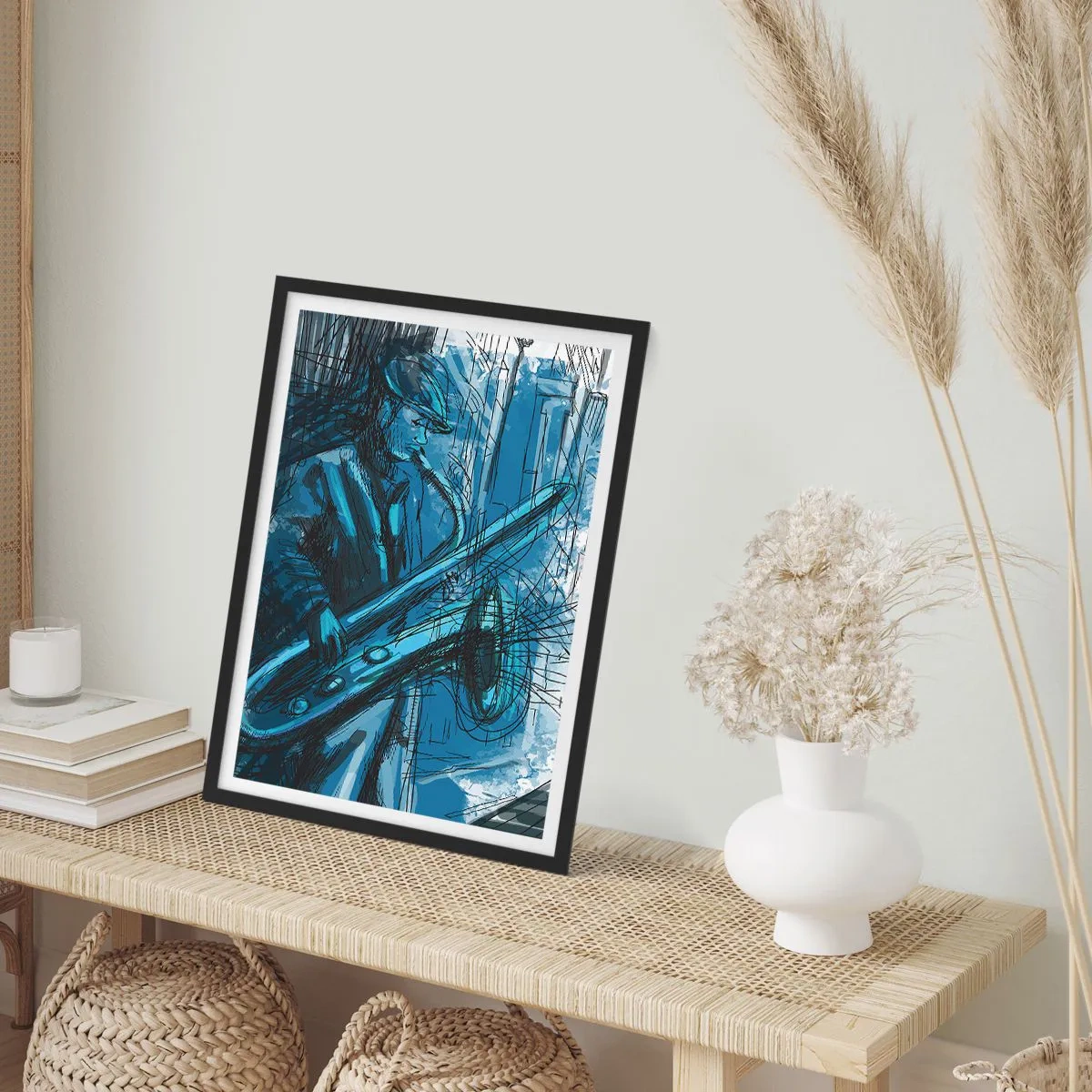 Poster in einem schwarzem Rahmen - Künstlerische Skizze eines Saxophon spielenden Musikers - 50x70cm - Urbane Rhapsodie - Moderne Wanddekoration für Wohnzimmer und Schlafzimmer ARTTOR