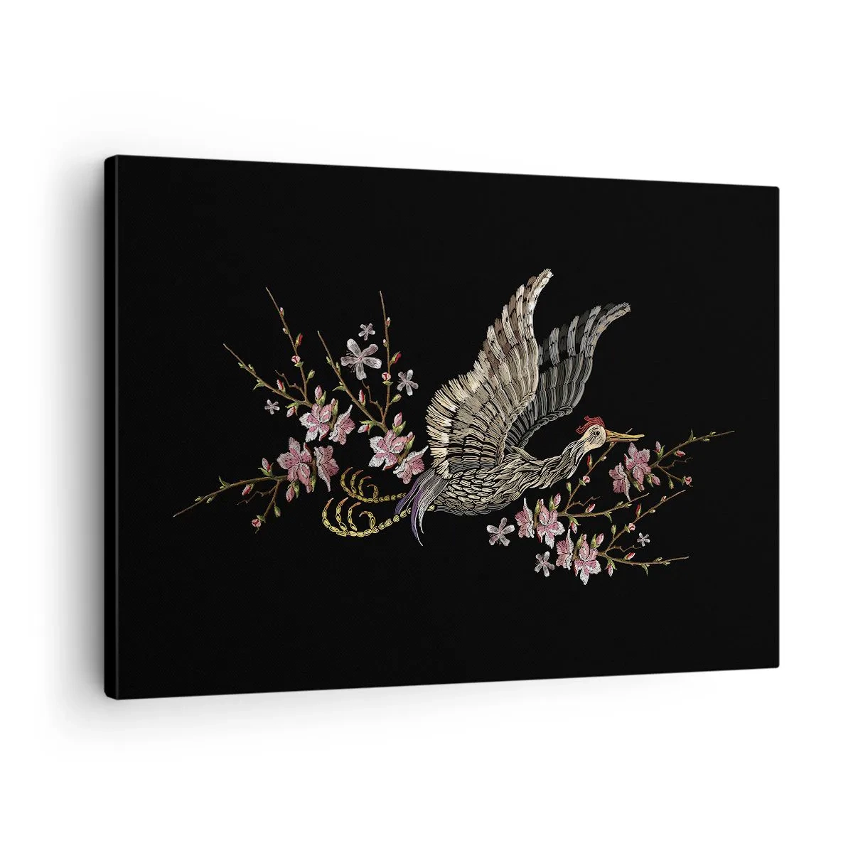 Bild auf Leinwand - Leinwandbild - Ein Vogel im Flug mit Blumen auf schwarzem Hintergrund - 70x50cm - Exotischer gestickter Vogel - Moderne Wanddekoration für Wohnzimmer und Schlafzimmer ARTTOR
