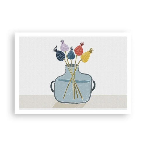 Poster - Bunte Trockenblumen in einer Vase auf weißem Hintergrund - 100x70cm - Es ist mucksmäuschenstill - Moderne Wanddekoration für Wohnzimmer und Schlafzimmer ARTTOR