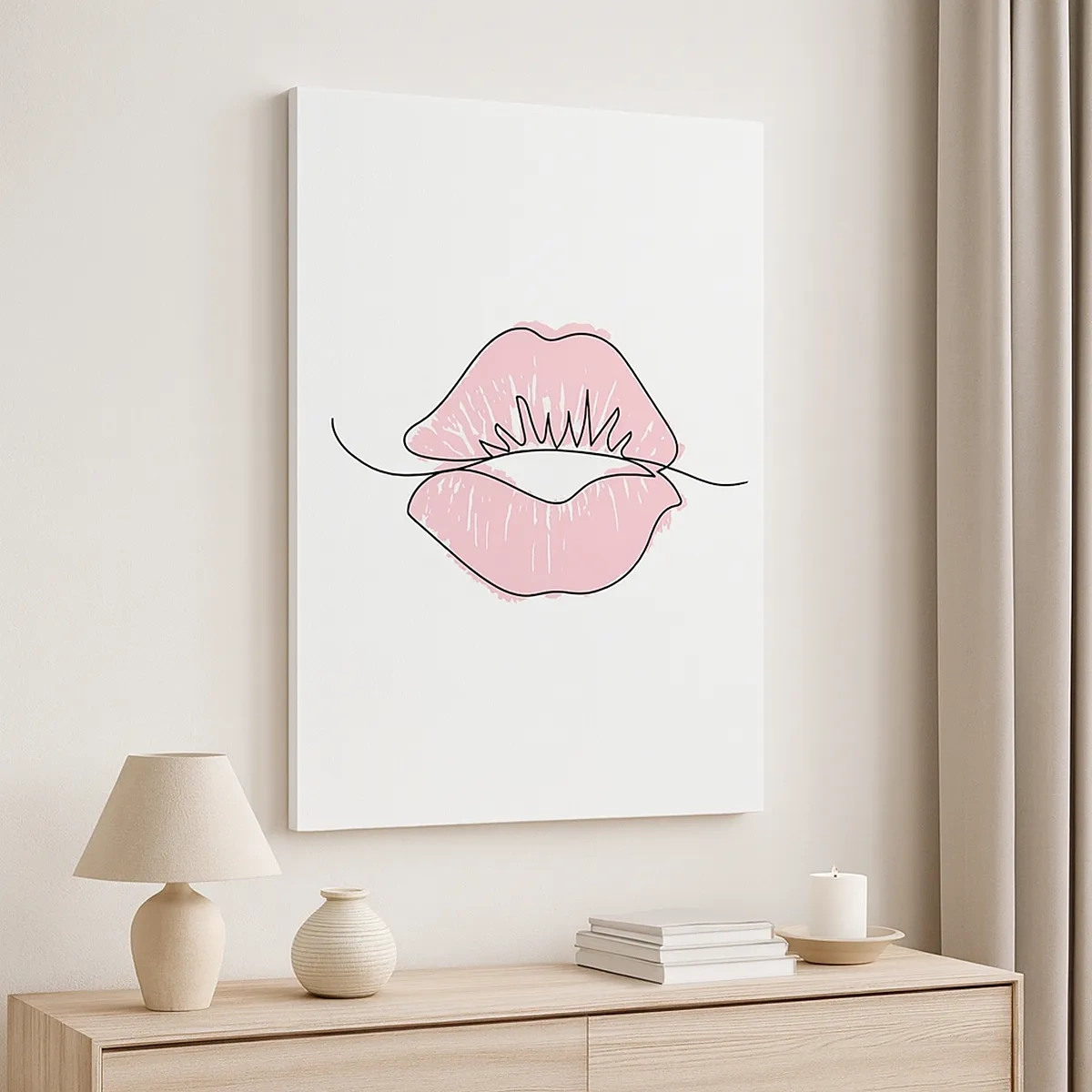 Bild auf Leinwand - Leinwandbild - Minimalistische Lippenzeichnung in einem Rosaton - 50x70cm - Bereit zum Küssen? - Moderne Wanddekoration für Wohnzimmer und Schlafzimmer ARTTOR