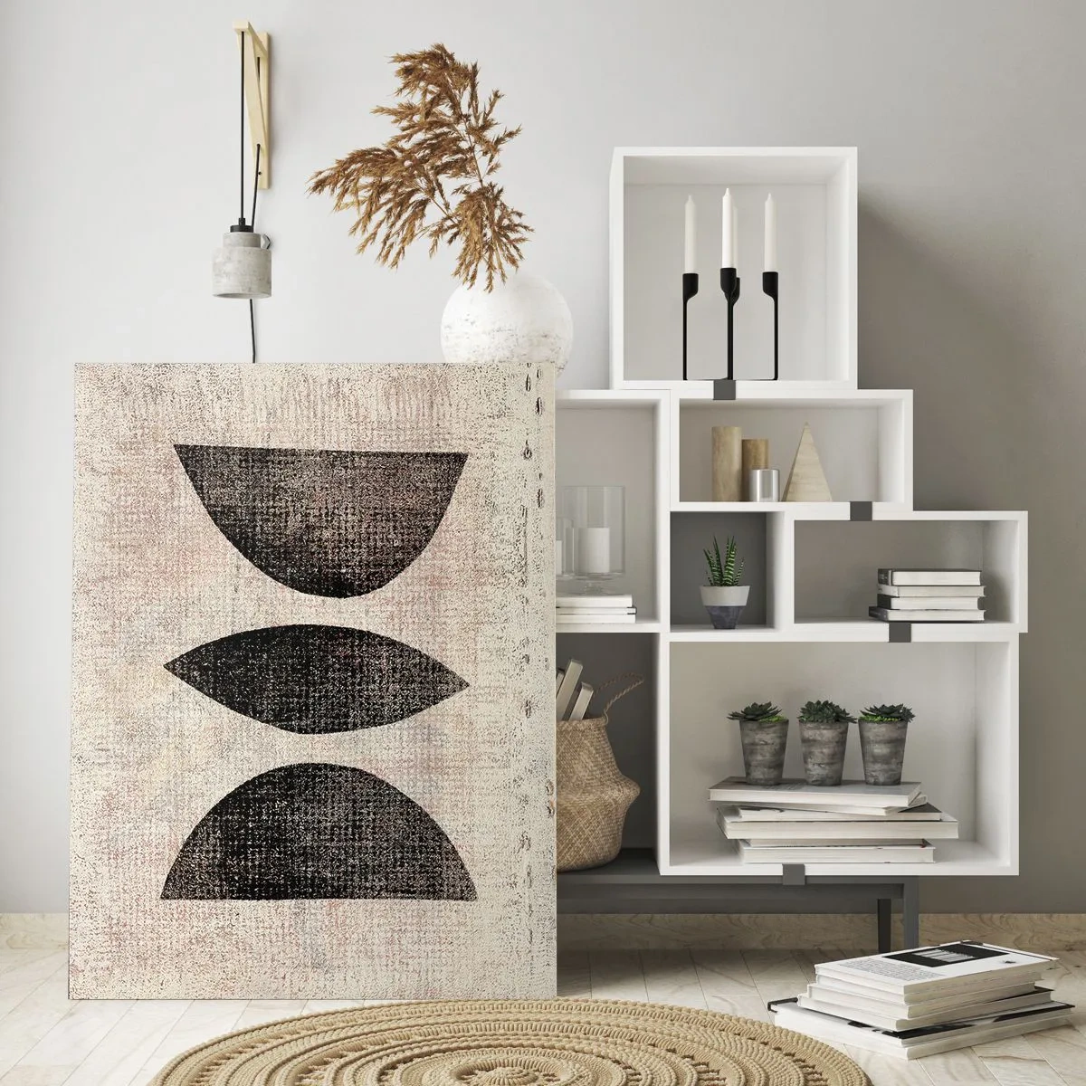 Glasbild - Bild auf glas - Schwarze geometrische Formen auf beigem Hintergrund - 50x70cm - Ethnische Abstraktion - Moderne Wanddekoration für Wohnzimmer und Schlafzimmer ARTTOR