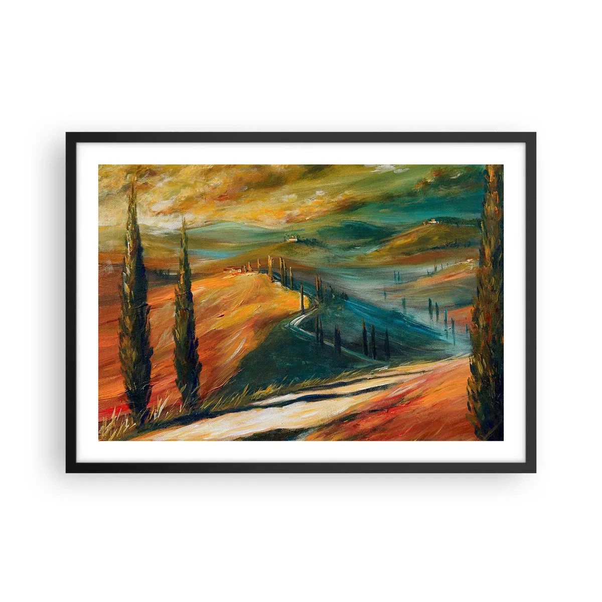 Poster in einem schwarzem Rahmen - Toskanische Landschaft mit Feldern, Straße und Zypressen - 70x50cm - Toskanische Landschaft - Moderne Wanddekoration für Wohnzimmer und Schlafzimmer ARTTOR