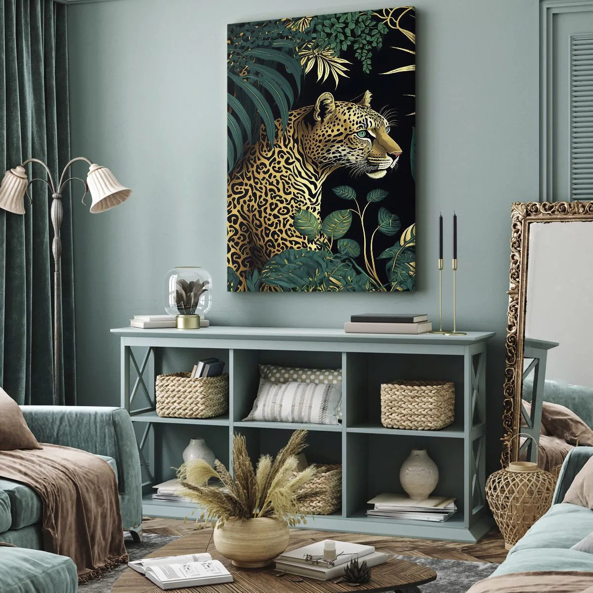 Bild auf Leinwand - Leinwandbild - Leopard in tropischen Blättern auf schwarzem Hintergrund - 50x70cm - Gastgeber im Dschungel - Moderne Wanddekoration für Wohnzimmer und Schlafzimmer ARTTOR