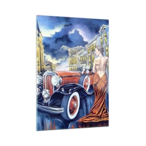 Glasbild - Bild auf glas - Eine Frau in einem eleganten Kleid neben einem Oldtimer - 50x70cm - Nocturne in Blau und Koralle - Moderne Wanddekoration für Wohnzimmer und Schlafzimmer ARTTOR
