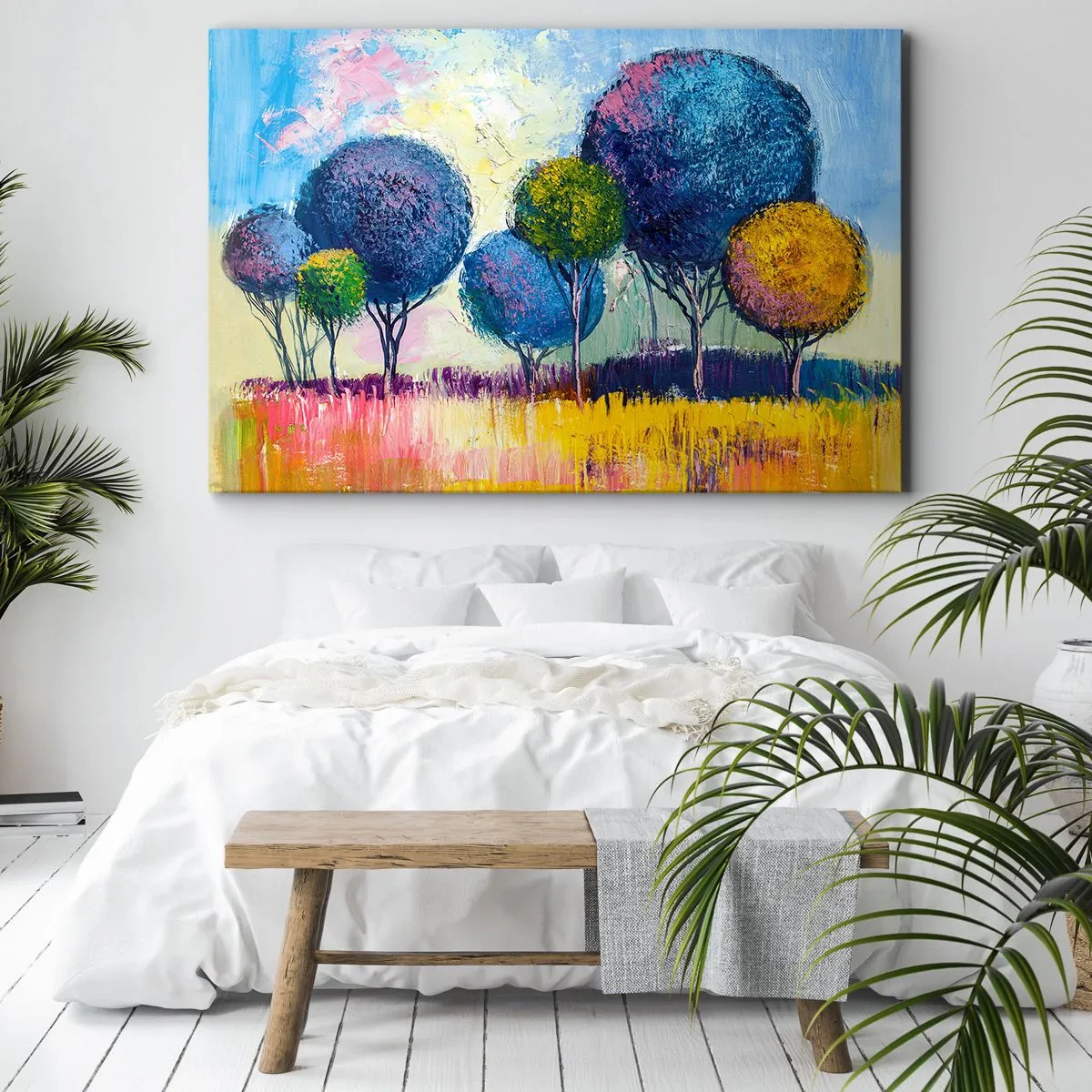 Bild auf Leinwand - Leinwandbild - Bunte kugelförmige Bäume vor dem Hintergrund einer Landschaft - 70x50cm - Kugel - die Form des Ideals - Moderne Wanddekoration für Wohnzimmer und Schlafzimmer ARTTOR