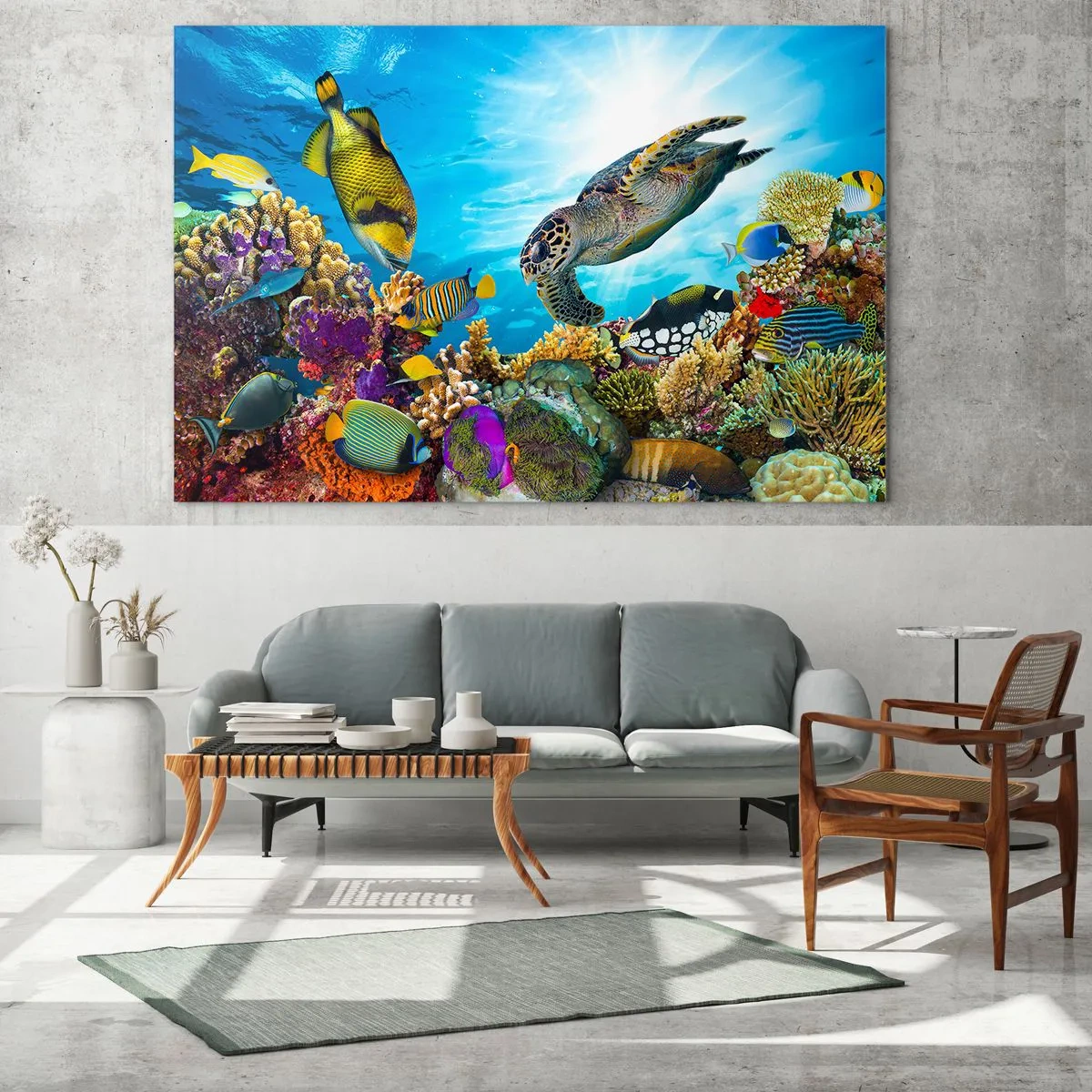 Glasbild - Bild auf glas - Unterwasserszene mit Schildkröten, Fischen und Korallen - 120x80cm - Korallenpromenade - Moderne Wanddekoration für Wohnzimmer und Schlafzimmer ARTTOR