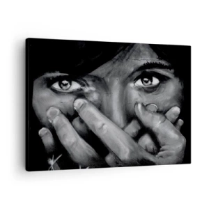 Bild auf Leinwand - Leinwandbild - Schwarz-Weiß-Porträt einer Frau, die ihr Gesicht mit den Händen bedeckt. - 70x50cm - Ich werde nicht sagen, wer es gemalt hat - Moderne Wanddekoration für Wohnzimmer und Schlafzimmer ARTTOR