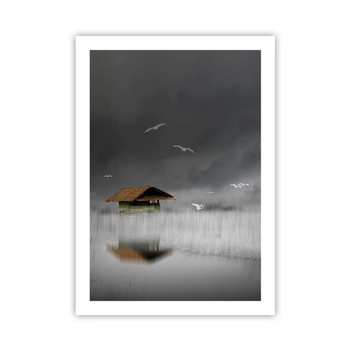 Poster - Ein Hausboot umgeben von Nebel mit Vögeln vor dunklem Hintergrund - 50x70cm - Schutz vor Regen - Moderne Wanddekoration für Wohnzimmer und Schlafzimmer ARTTOR