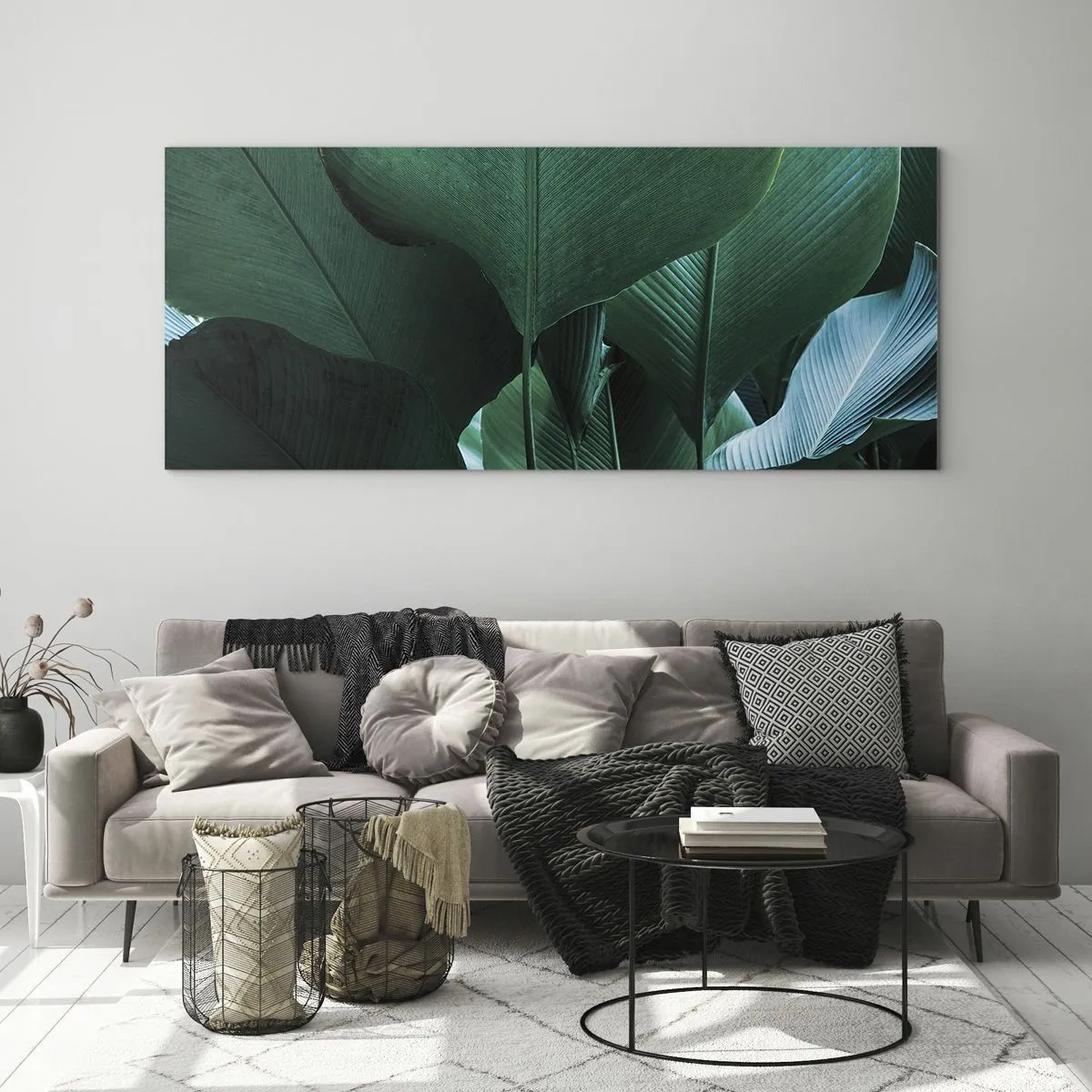 Glasbild - Bild auf glas - Grüne Blätter in minimalistischer Komposition - 120x50cm - Dem Licht zugewandt - Moderne Wanddekoration für Wohnzimmer und Schlafzimmer ARTTOR