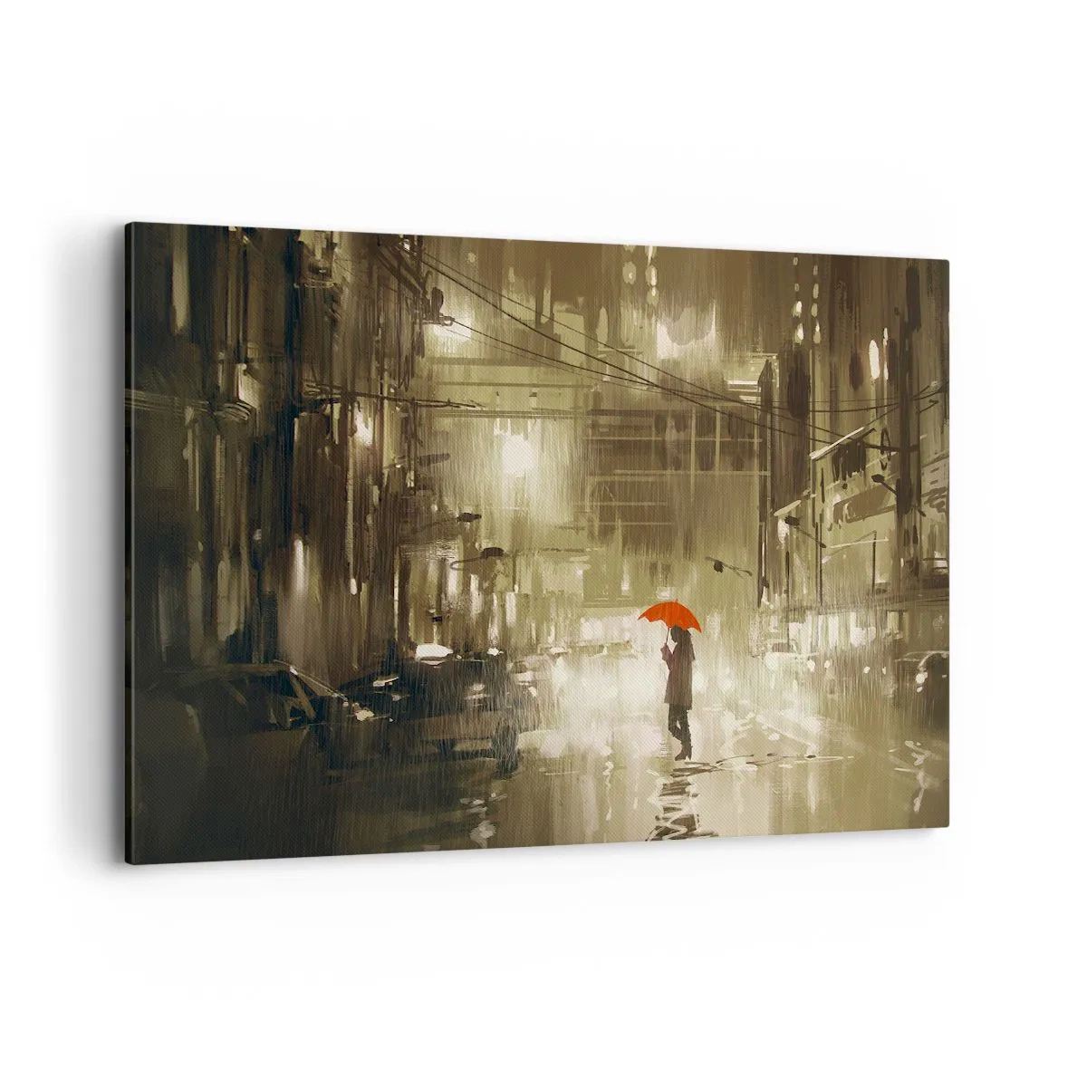 Bild auf Leinwand - Leinwandbild - Eine Figur mit einem roten Regenschirm in einer verregneten Stadt - 100x70cm - Allein aber nicht einsam - Moderne Wanddekoration für Wohnzimmer und Schlafzimmer ARTTOR