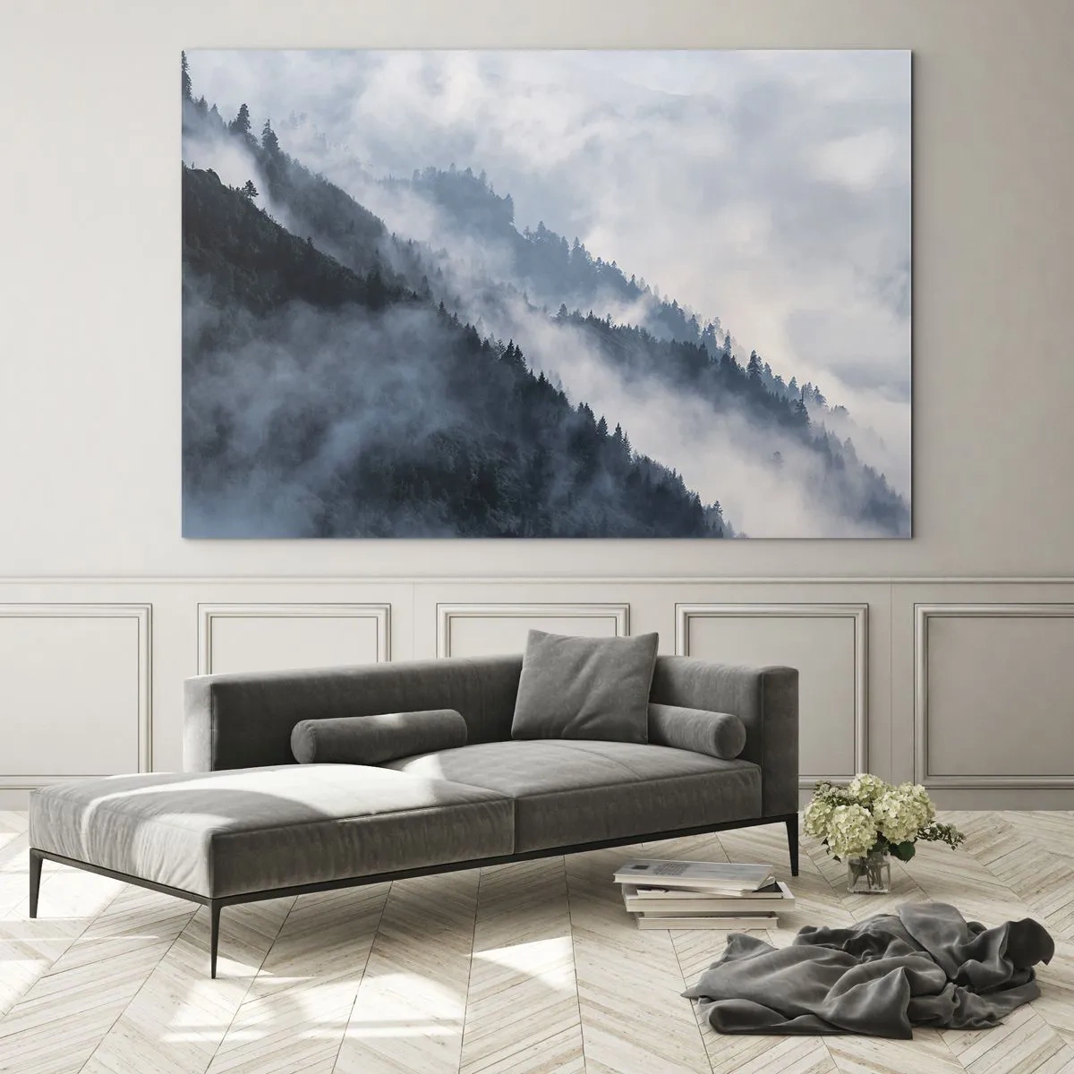 Glasbild - Bild auf glas - Nebliges Bergpanorama mit dunklem Wald - 70x50cm - Mystik der Berge - Moderne Wanddekoration für Wohnzimmer und Schlafzimmer ARTTOR