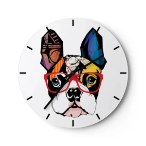 Wanduhr - Glasuhr - Bunte Zeichnung eines Hundes mit Brille auf weißem Hintergrund - 30x30cm - Intellektuelle - Moderne Wanddekoration für Wohnzimmer, Küche und Schlafzimmer ARTTOR