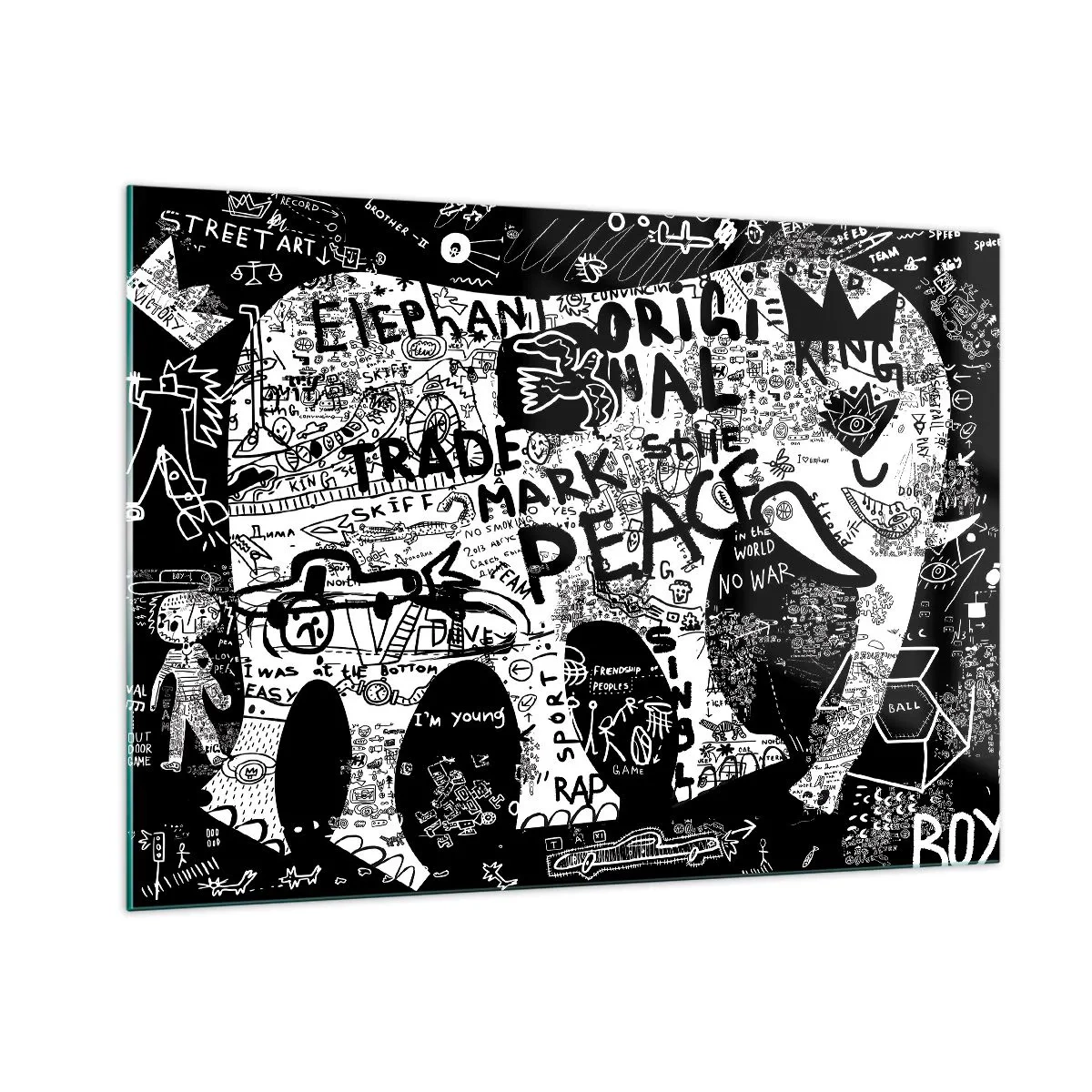 Glasbild - Bild auf glas - Schwarz-weißes Graffiti-Bild mit Themen wie Frieden und Freiheit - 100x70cm - Reiche Straßenwelt - Moderne Wanddekoration für Wohnzimmer und Schlafzimmer ARTTOR
