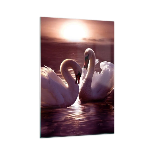 Glasbild - Bild auf glas - Zwei Schwäne auf einem ruhigen See bei Sonnenuntergang - 70x100cm - Bis der Tod uns scheidet - Moderne Wanddekoration für Wohnzimmer und Schlafzimmer ARTTOR