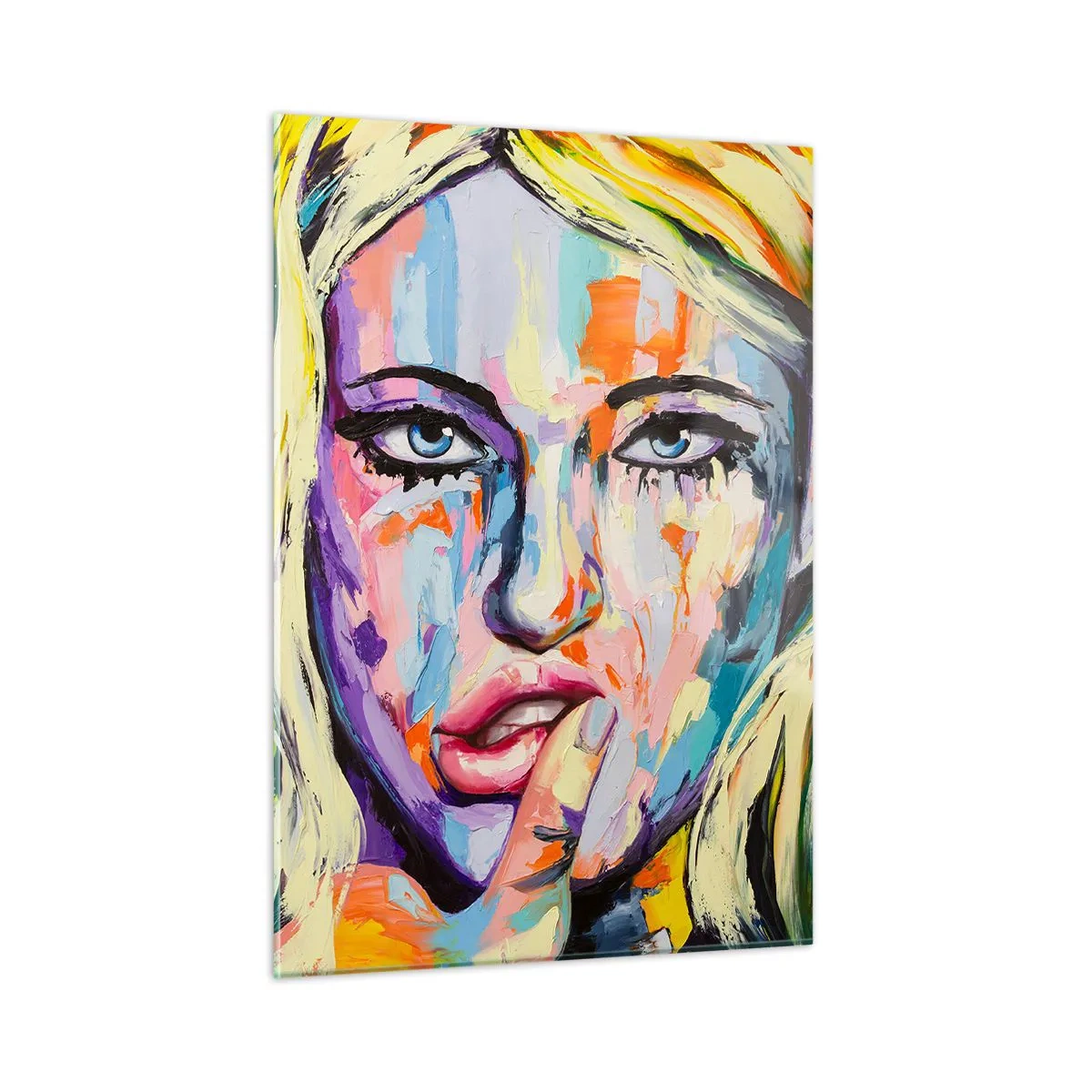 Glasbild - Bild auf glas - Ein farbenfrohes Porträt einer Frau mit nachdenklichem Ausdruck - 50x70cm - Schau ihr direkt in die Augen - Moderne Wanddekoration für Wohnzimmer und Schlafzimmer ARTTOR