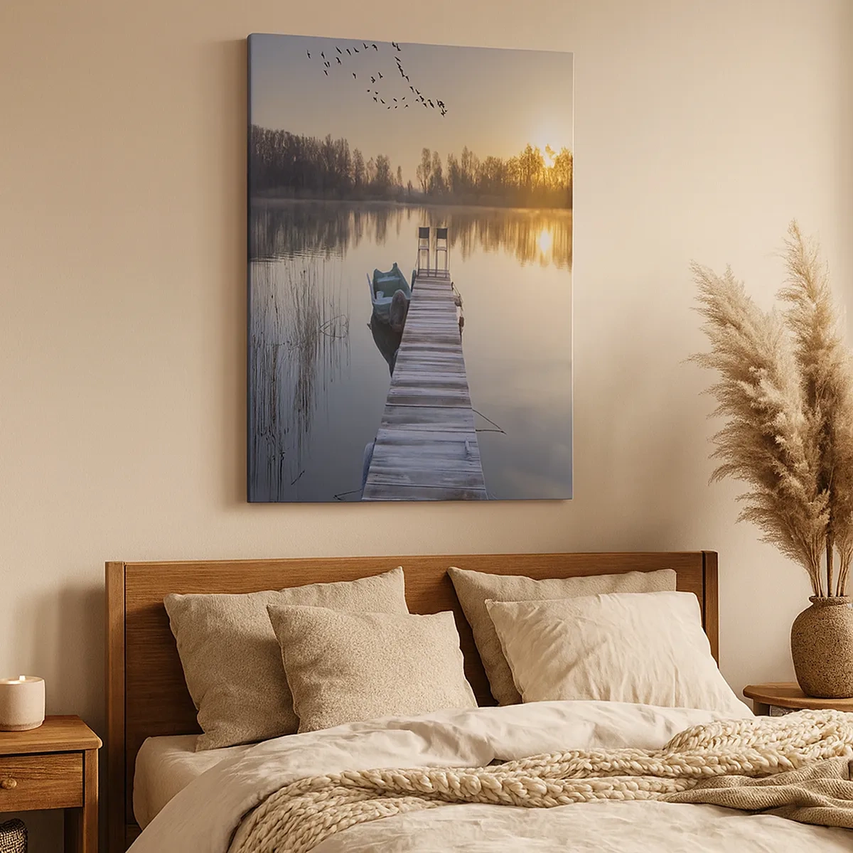 Bild auf Leinwand - Leinwandbild - Ein Pier am Seeufer am Morgen mit einem Boot und Stühlen - 50x70cm - Ich komme nach einiger Zeit zurück - Moderne Wanddekoration für Wohnzimmer und Schlafzimmer ARTTOR