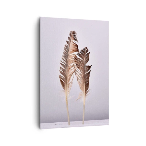 Bild auf Leinwand - Leinwandbild - Zarte Federn auf hellem Untergrund im minimalistischen Stil - 70x100cm - Gegen das Nichts - Moderne Wanddekoration für Wohnzimmer und Schlafzimmer ARTTOR
