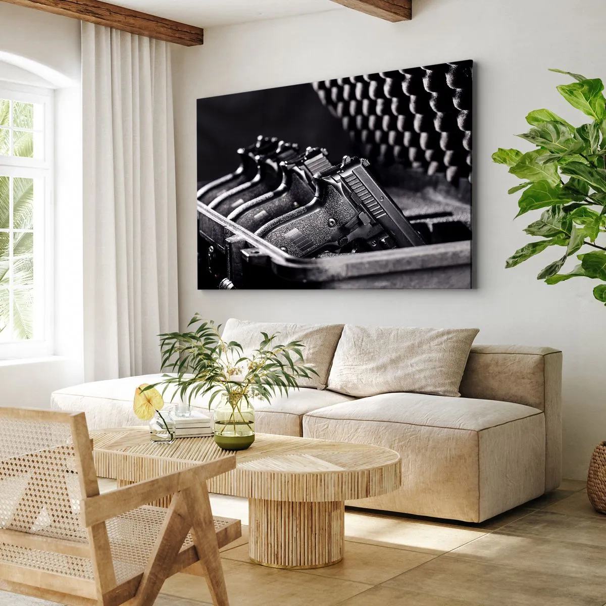 Bild auf Leinwand - Leinwandbild - Ein Schwarzweißbild eines Stapels Waffen in einem Koffer. - 120x80cm - Männersport - Moderne Wanddekoration für Wohnzimmer und Schlafzimmer ARTTOR