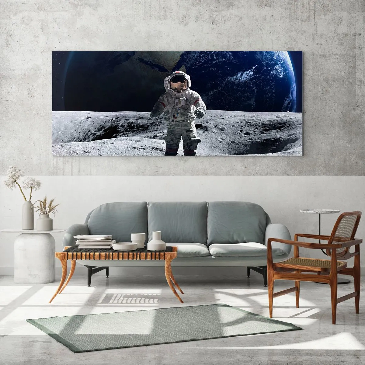 Glasbild - Bild auf glas - Astronaut auf der Mondoberfläche mit der Erde im Hintergrund - 160x50cm - Grüße vom Mond - Moderne Wanddekoration für Wohnzimmer und Schlafzimmer ARTTOR